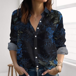 Blue Floral Linen-Look Shirt, Botanical Blouse Shirt, Nature Summer Vacation Top, Gardening Casual Shirt For Her, Cottagecore Gift Idea