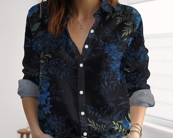 Blue Floral Blouse Shirt, Botanical Button Shirt, Nature Summer Vacation Top, Gardening Casual Shirt For Her, Cottagecore Gift Idea