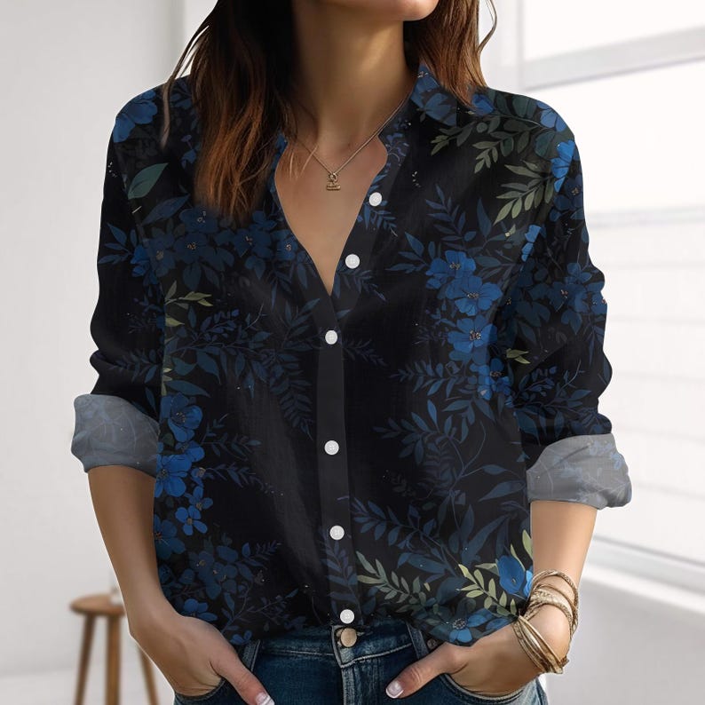 Blue Floral Linen-Look Shirt, Botanical Blouse Shirt, Nature Summer Vacation Top, Gardening Casual Shirt For Her, Cottagecore Gift Idea