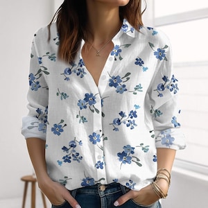 Blue Floral Linen-Look Shirt, Minimal Cottagecore Spring Blouse Shirt, Lightweight Vintage Floral Shirt For Women, Flowers Button Shirt