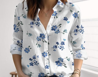 Blue Floral Blouse Shirt, Minimal Cottagecore Spring Shirt, Lightweight Vintage Floral Shirt For Women, Flowers Button Shirt