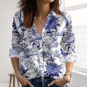 Vintage Blue Floral Linen-Look Shirt, Navy Botanical Women Shirt, Cottagecore Garden Casual Shirt, Flowers Love Shirt, Gift For Her