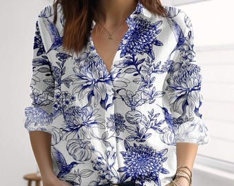 Vintage Blue Floral Blouse Shirt, Navy Botanical Women Shirt, Cottagecore Garden Casual Shirt, Flowers Love Shirt, Gift For Her
