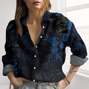 Blue Floral Linen-Look Shirt, Botanical Blouse Shirt, Nature Summer Vacation Top, Gardening Casual Shirt For Her, Cottagecore Gift Idea