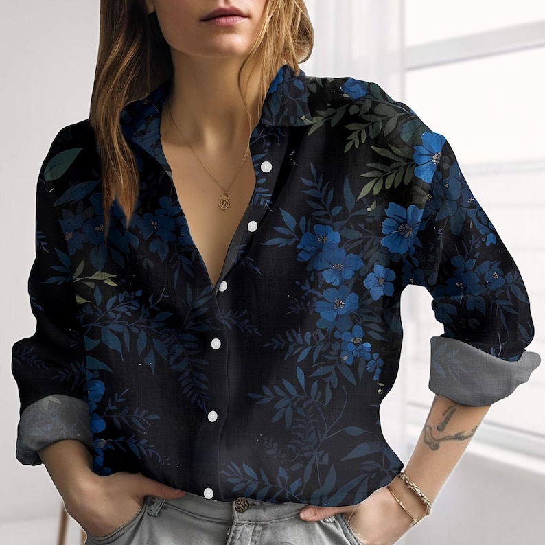 Blue Floral Linen-Look Shirt, Botanical Blouse Shirt, Nature Summer Vacation Top, Gardening Casual Shirt For Her, Cottagecore Gift Idea