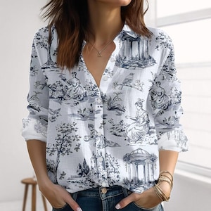 Toile De Jouy Linen-Look Shirt, Vintage Scenic Women Shirt, French Cottagecore Blouse Shirt, Victorian Style Shirt For Women