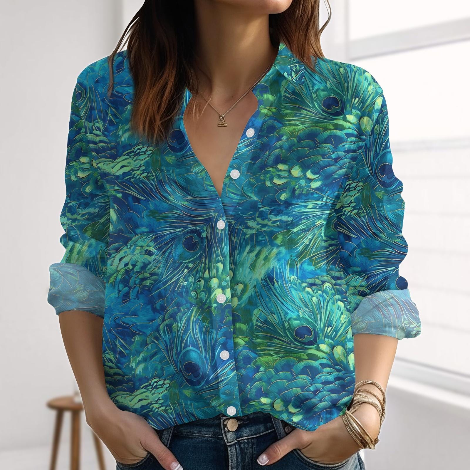 Peacock Feather Linen-Look Shirt, Boho Style Blouses Tops Women, Peacock Love Casual Shirt, Spring Birds Shirt, Summer Button Shirt For