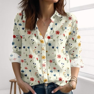 Minimalism Floral Linen-Look Shirt, Spring Inspired Blouse Shirt, Vintage Cream Floral Casual Top, Gardening Shirts For Women