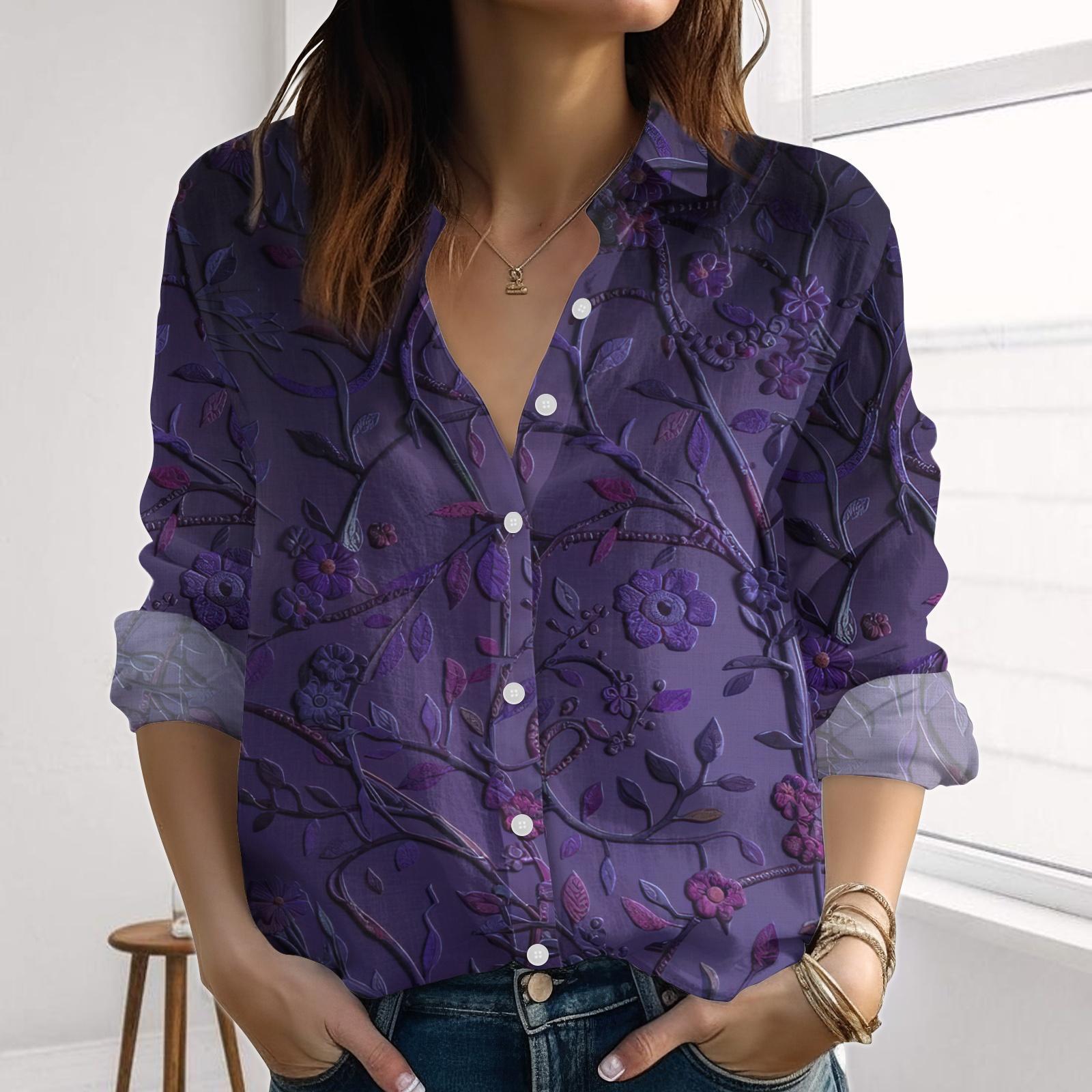 Boho Purple Floral Linen-Look Shirt, Retro Floral Flower Blouse Shirt, Long Sleeve Casual Top For Women, Gardening Shirt, Gift For Her