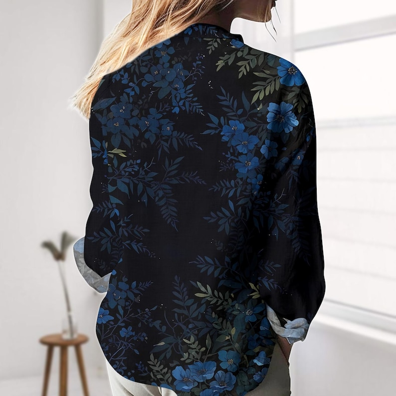 Blue Floral Linen-Look Shirt, Botanical Blouse Shirt, Nature Summer Vacation Top, Gardening Casual Shirt For Her, Cottagecore Gift Idea