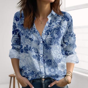 Blue Floral Linen-Look Shirt, Vintage Rose Shirt For Women, Botanical Blouse Shirt, Cottagecore Casual Chic, Romance Long Sleeve Shirt