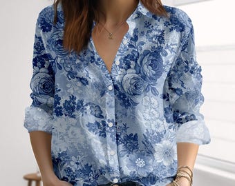 Niebieska bluzka z kwiatowym wzorem, koszula w stylu vintage z różą dla kobiet, letnia koszula w botanicznym stylu, casualowa, szykowna, romantyczna koszula z długim rękawem