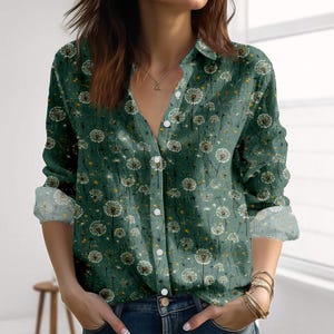 Dandelion Linen-Look Shirt, Green Botanical Blouse Shirt, Vintage Flower Shirt For Women, Nature Long Sleeve Shirt, Minimal Plant Shirt