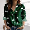 Shamrock Irish Three Leaf Clover Linen-Look Shirt, St Patrick’s Day Blouse Shirt, Dark Green Irish Clover Women Shirt, Festival Shirt
