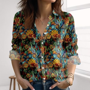 Tropical Botanical Linen-Look Shirt, Colorful Jungle Blouse Shirt, Vintage Cottagecore Women Shirt, Nature Casual Shirt, Gift For Her