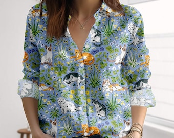 Chemise à fleurs et chat aspect lin, Chemise femme chat mignon, Chemisier botanique, Chemise décontractée pour amoureuse des chats, Cadeau d'été pour elle