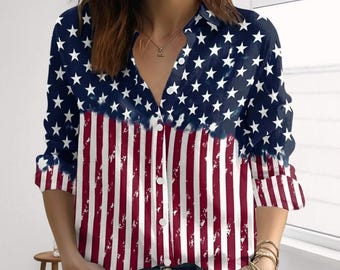 Patriotic Stars and Stripes Blouse, 4th of July Casual Shirt, USA Boho Long Sleeve Shirt, 250 Years Anniversary Top, US Flag Gift For H