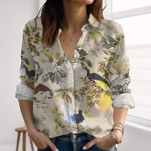 Retro Garden Linen-Look Shirt, Birds And Flowers Blouse Shirt, Botanical Women Shirt, Vintage Floral Shirt, Summer Gift For Her