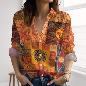 Chemise style bohème folk art en lin, chemisiers style cottagecore, chemise décontractée hippie vintage, chemise femme psychédélique, chemise boutonnée