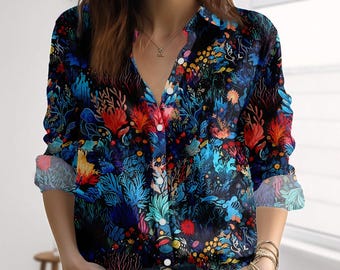Retro Ocean Linen-Look Shirt, Dark Sea Coral Women Shirt, Mermaid Aesthetic Blouse Shirt, Sea Love Button Up Shirt For Vacation