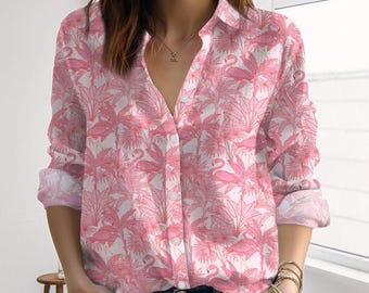 Flamingo Floral Blouse Shirt, Pink Flamingo Women Shirt, Tropical Pattern Casual Top, Birds Vacation Shirt, Summer Gift For Her