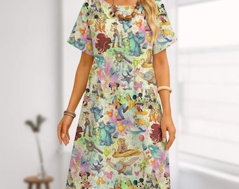 Disney Friends Midi Dress, Magic Castle Casual Dress, Babydoll Short Sleeve Dress, Disneyland Trip 2026 Dress, Loose Round Neck Outfit