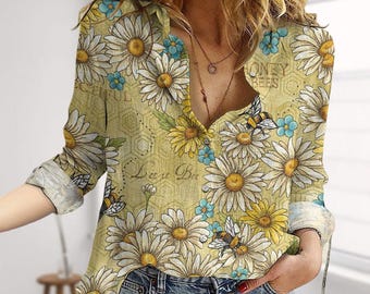 Retro Sunflower And Bee Linen-Look Shirt, Floral Boho Blouse Shirt, Garden Love Casual Tops Women, Botanical Shirts Women For Summer