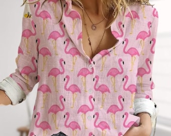 Flamingo Blouse Shirt, Pink Birds Women Shirt, Flamingo Love Tops Women, Animals Button Shirt For Vacation, Summer Gifts