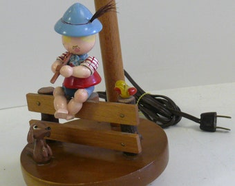 Nursery Lamp - Boy with Flute -Vintage - Wood