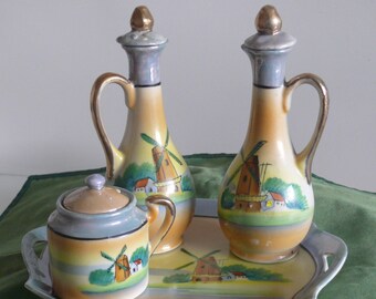 Oil and Vinegar Cruet Set - Windmills - Hand Painted - Made in Japan