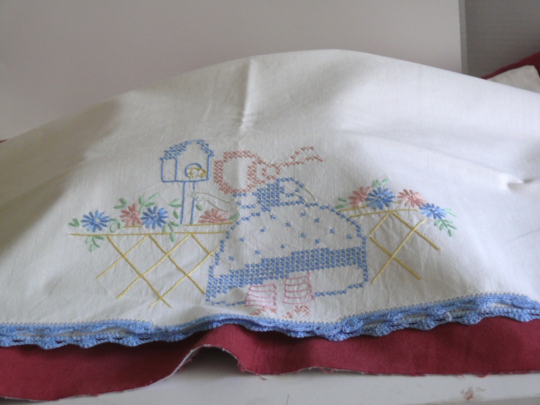 Hand Embroidered Vintage Cross Stitch Pillowcases Girl Extra