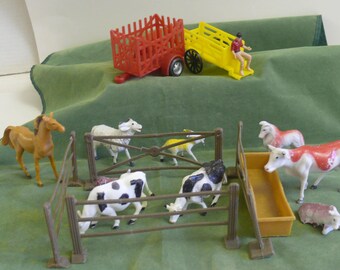 Plastic Barnyard Animals - cows, sheep, goats, horse, dogs, fence, carts