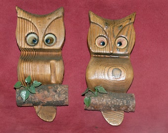 Wooden Owls  - Wall Decor - 1970s - Hand Carved