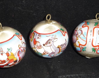 Three Satin Ball Ornaments with Santa and his Sleigh, Elves and Reindeer