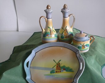 Oil and Vinegar Cruet Set - Windmills - Hand Painted Made in Japan