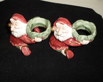 Fitz and Floyd GNOME Santa Napkin Rings - Two - Ceramic - Collectible