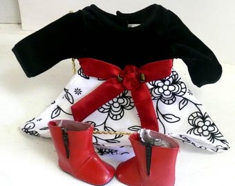 Doll Clothes: Black Velvet Top, Floral Skirt Dress & Red Boots for 18 inch Dolls