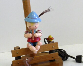 Nursery Lamp - Boy with Flute -Vintage - Wood