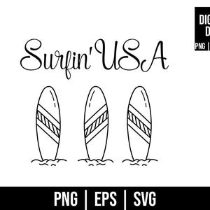 May include: Black and white line art illustration featuring three surfboards on waves with the text "Surfin' USA". The surfboards have diagonal stripe designs. The image also includes the text "DIGITALE DATEI" and file type indicators.