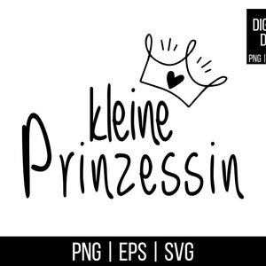 Puede incluir: Ilustración en blanco y negro de una corona con un corazón en su interior y el texto "kleine Prinzessin" que se traduce como "pequeña princesa" en español.