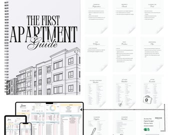 May include: A spiral-bound guide titled "THE FIRST APARTMENT Guide" with an architectural illustration. Accompanying pages detail financial preparation, property search, and checklists. A laptop, tablet, and phone display a budget planner. The text reads "11 PAGE FIRST APARTMENT GUIDE. INCLUDING MONTHLY BUDGET PLANNER."