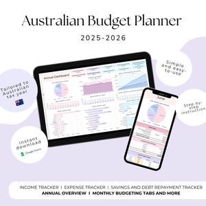 Peut inclure: Un planificateur budgétaire australien numérique pour 2025-2026, affiché sur une tablette et un smartphone. La tablette montre un tableau de bord annuel, le téléphone affiche un résumé de juin. Comprend des suivis de revenus et de dépenses.