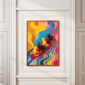 Katten in een Boot Afdrukbare Grillige Volkskunst Poster Maximalistisch Digitaal Download