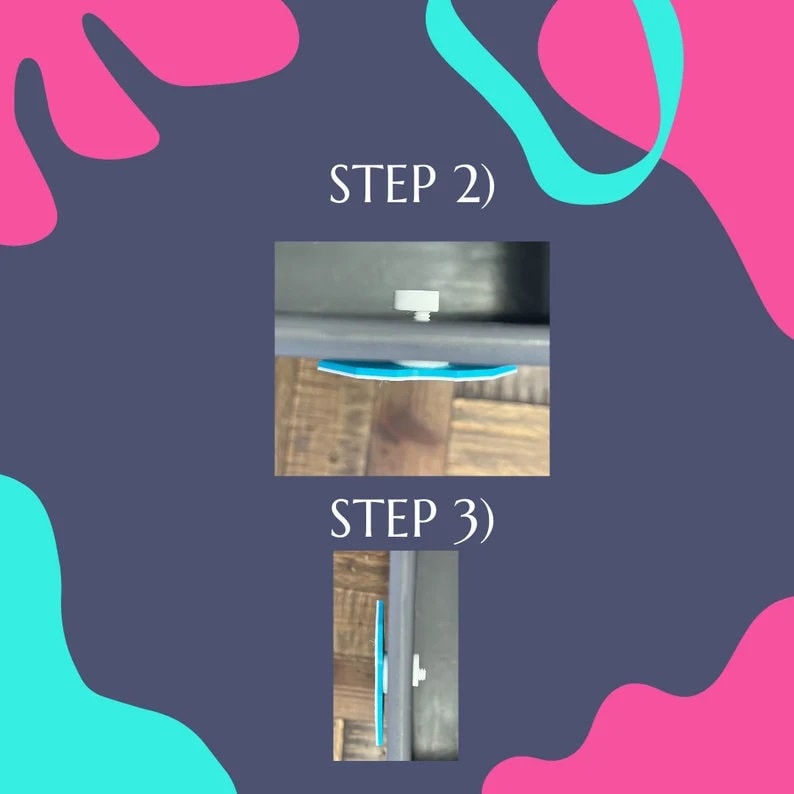 May include: Close-up of a drawer with a blue and white drawer stop installed. The drawer stop is attached to the drawer with a white screw. The text "STEP 2)" is visible above the drawer.