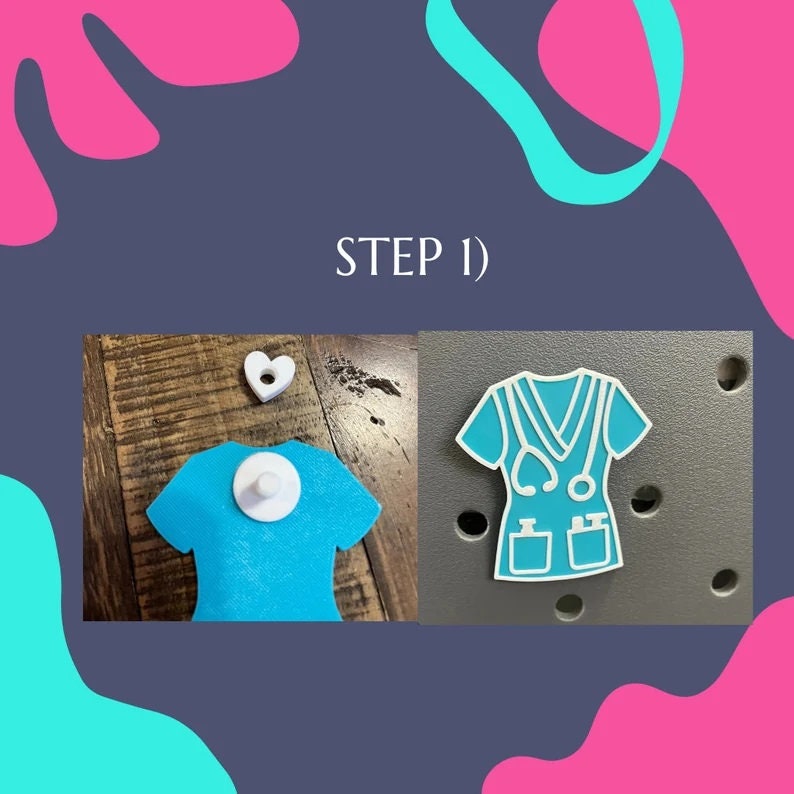 May include: Two steps in a craft project to make a nurse's uniform pin. Step 1 shows a light blue scrub top with a white heart and a white button. Step 2 shows the completed pin with a stethoscope, a pocket, and a syringe.