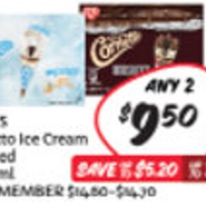 Pode incluir: Um pacote de gelado Cornetto da Wall's com uma oferta de compra de dois por 9,50 $. O pacote cont&eacute;m tr&ecirc;s embalagens de 190 ml de sabores variados. A oferta permite poupar 5,20 $, o que representa um desconto de 35 % sobre o pre&ccedil;o n&atilde;o membro de 14,00 $ a 14,30 $.