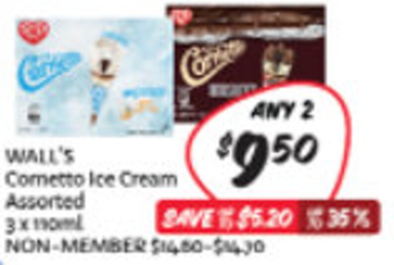 Pode incluir: Um pacote de gelado Cornetto da Wall's com uma oferta de compra de dois por 9,50 $. O pacote cont&eacute;m tr&ecirc;s embalagens de 190 ml de sabores variados. A oferta permite poupar 5,20 $, o que representa um desconto de 35 % sobre o pre&ccedil;o n&atilde;o membro de 14,00 $ a 14,30 $.