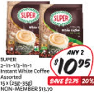 Pode incluir: Dois pacotes de caf&eacute; branco instant&acirc;neo Super 2 em 1/3 em 1, sortidos, 15 x (25g-35g). 2 por 10,95 &euro;, poupe 2,75 &euro; (20 %). Pre&ccedil;o n&atilde;o membro 13,70 &euro;.
