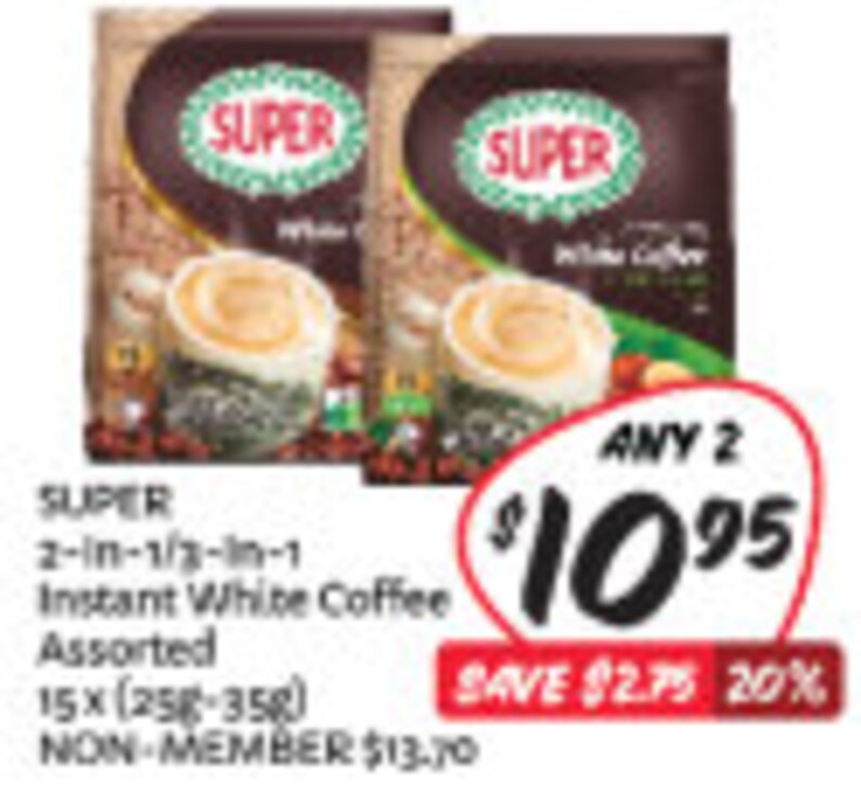 Pode incluir: Dois pacotes de caf&eacute; branco instant&acirc;neo Super 2 em 1/3 em 1, sortidos, 15 x (25g-35g). 2 por 10,95 &euro;, poupe 2,75 &euro; (20 %). Pre&ccedil;o n&atilde;o membro 13,70 &euro;.