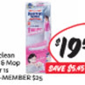 Pode incluir: Um pacote rosa e branco de Magiclean Wipe & Mop Wiper is, com uma etiqueta de pre&ccedil;o de $ 19,55 e um desconto de $ 5,45 (21%). O pacote est&aacute; etiquetado como "NON-MEMBER $ 25".